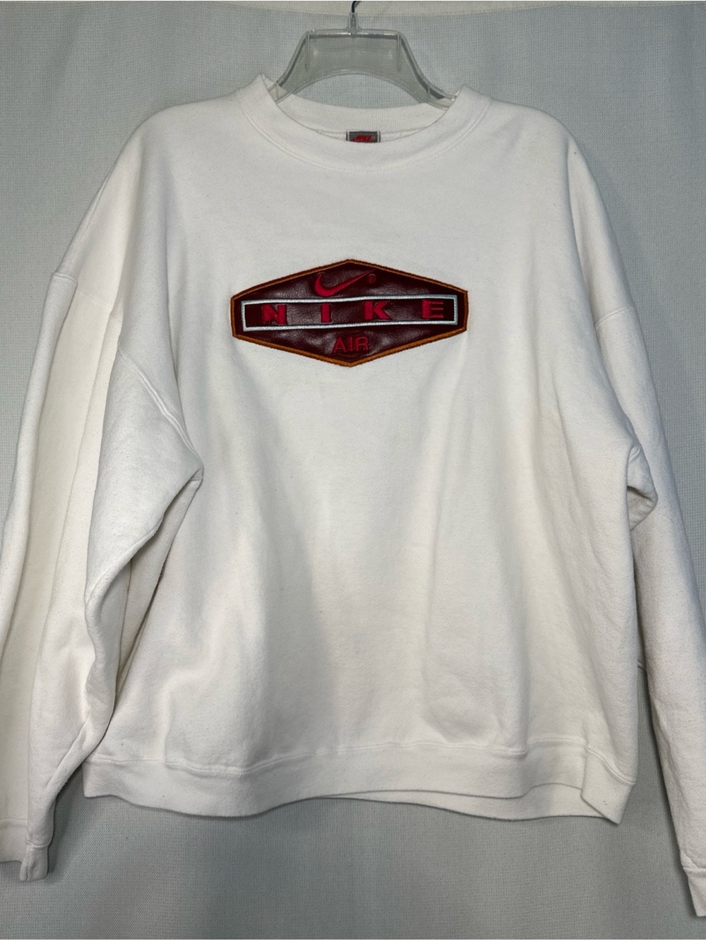 Nike White Crewneck Sweatshirt with Embroidered Brown Leather Patch